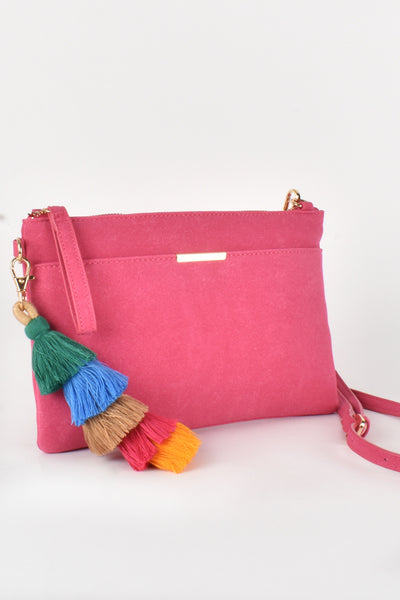 Lylah Faux Suede Tassel Crossbody Bag - Hot Pink
