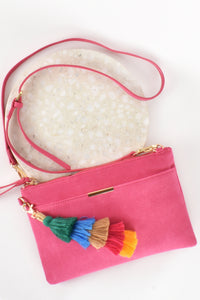 Lylah Faux Suede Tassel Crossbody Bag - Hot Pink