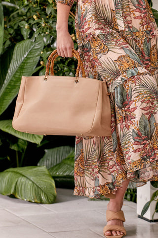 Maretta Vegan Leather Bamboo Handle Tote - Natural
