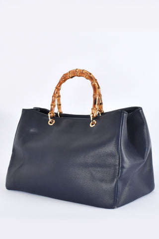 Maretta Vegan Leather Bamboo Handle Tote - Navy
