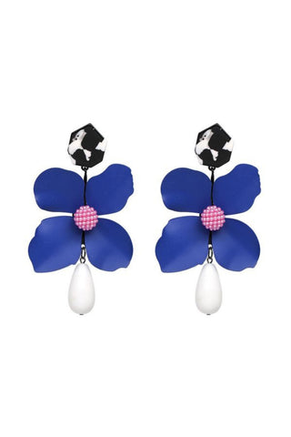 Metal Cut and Resin Flower Earring - Blue