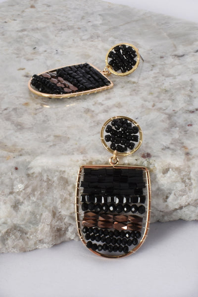 Metal Frame Beaded Earrings - Black Gold