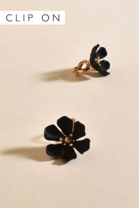 Mini Flower Clip On Earrings - Black