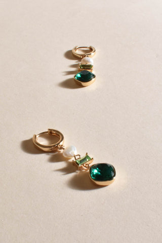 Mini Hoop Jewel Pearl Drop Event Earrings - Green Teal