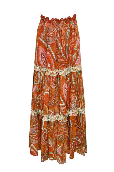 Ellyn Tiered Maxi Skirt - Red Pink Paisley