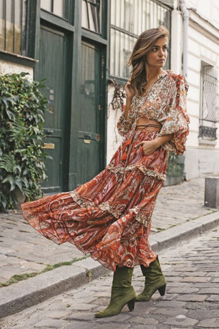 Ellyn Tiered Maxi Skirt - Red Pink Paisley