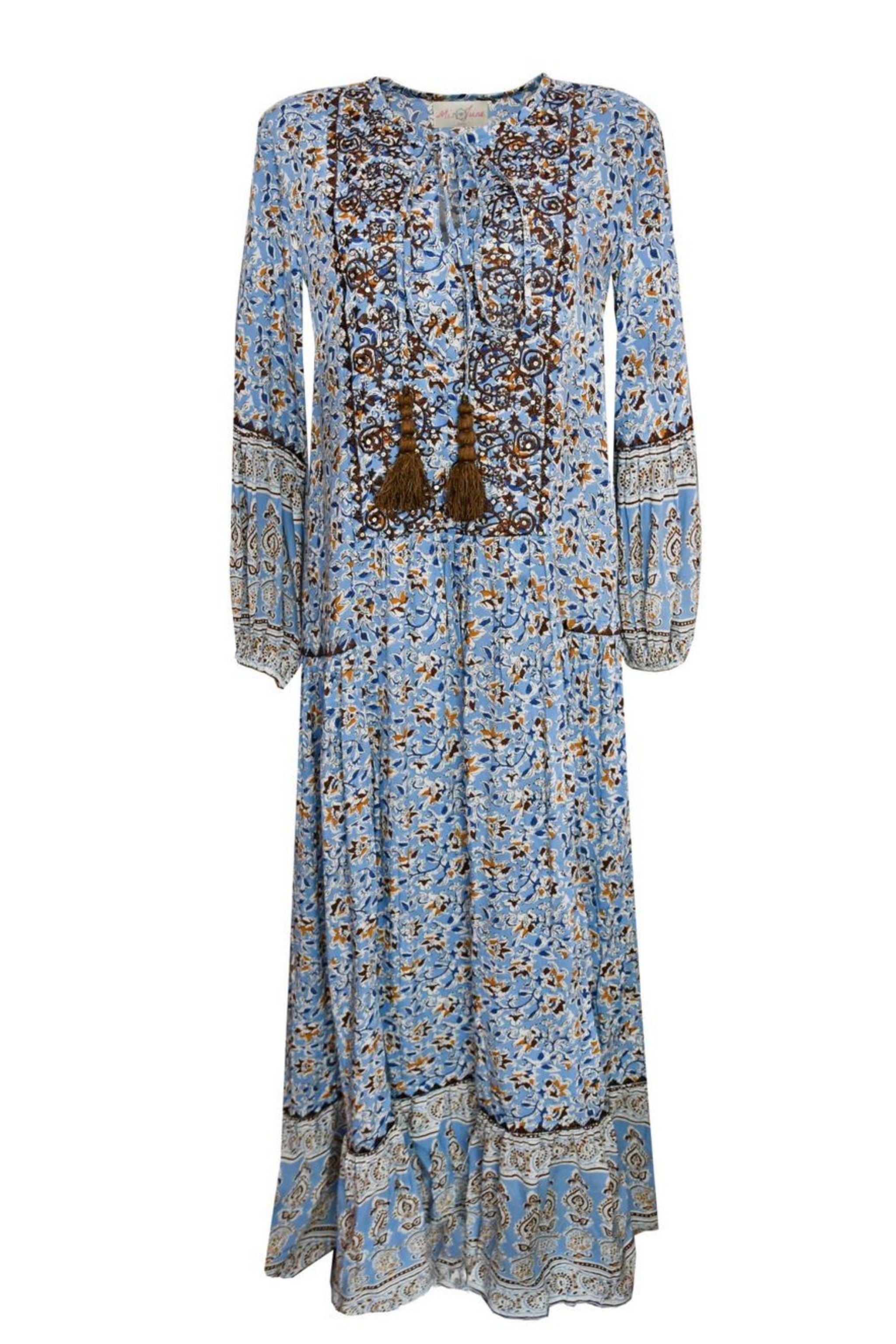 MISS JUNE PARIS Harlow Smock Maxi Dress Blue Smoke Mirrors Boutique