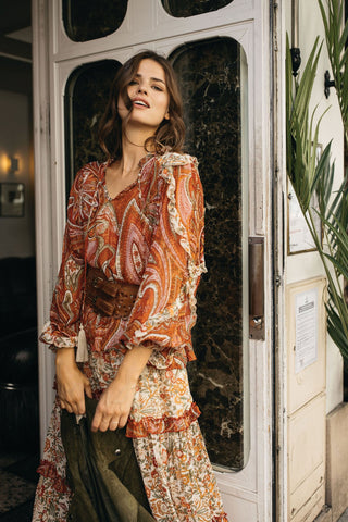 Helena Smocked Blouse - Red Pink Paisley