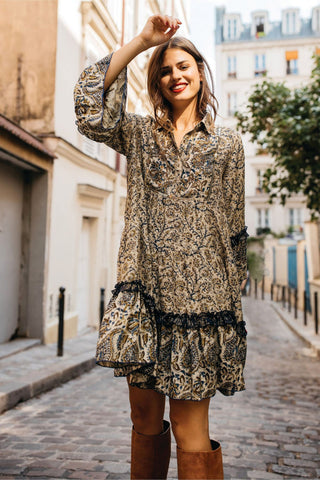 Petra Smock Mini Dress - Beige Navy