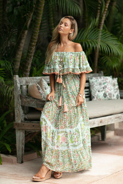 Buy Miss June Paris Bambi Dress online at Australia Stockists Smoke and Mirrors Boutique. Boho Floral Off the Shoulder Maxi Dress with Ruffle in Pastel Green and Coral Pink