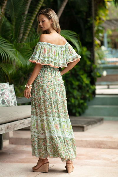 Buy Miss June Paris Bambi Dress online at Australia Stockists Smoke and Mirrors Boutique. Boho Floral Off the Shoulder Maxi Dress with Ruffle in Pastel Green and Coral Pink