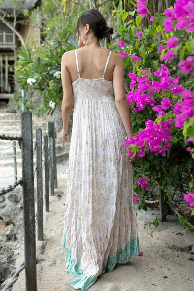 Buy Miss June Paris Eternal Dress Australian Stockists. Pink and Mint Maxi Summer Dress with Gold Foil Detail and Embroidery.