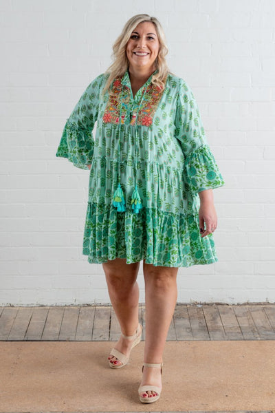 Miss June Paris Australian Stockists Queensland Toowoomba. Lonely Smock Mini Dress in Green with Embroidery and Embellishments at Bust. Christmas Day Festive Dress. Plus Size Dresses Online.