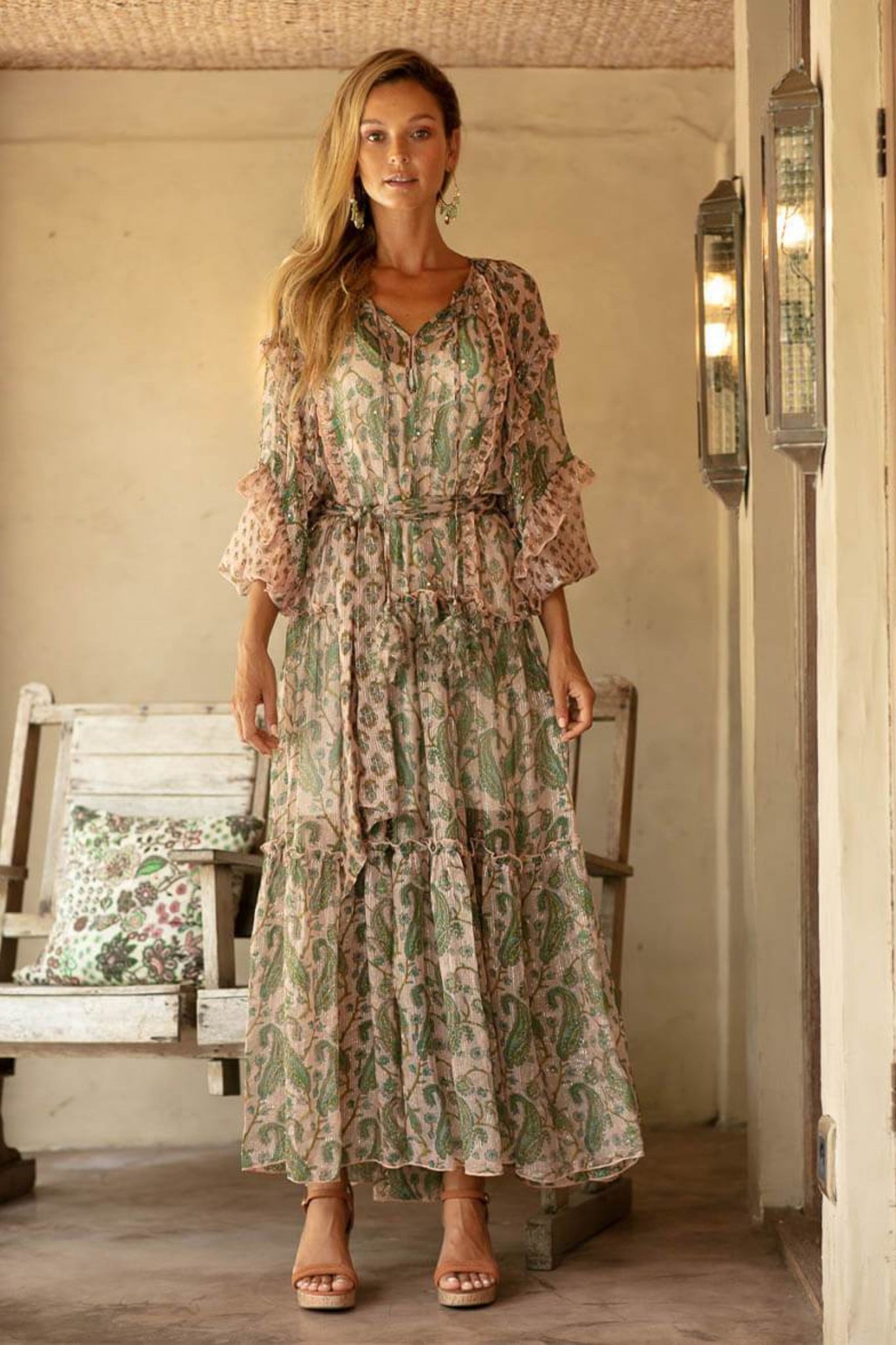 Buy Miss June Paris Wild Rose Maxi Dress online now at Australian Stockists Smoke and Mirrors Boutique. Khaki and Pink Sheer Boho Dress with Lurex Thread