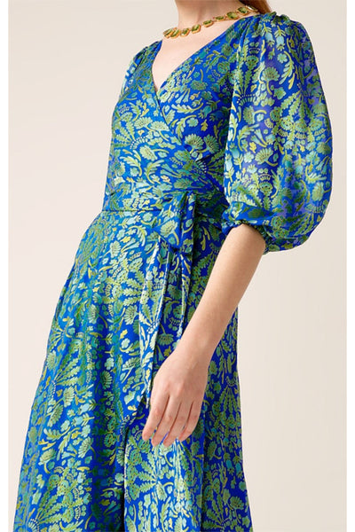 Moonlit Mystery Midi Wrap Dress - Sapphire Chartreuse