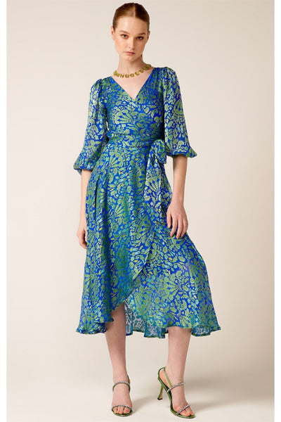 Moonlit Mystery Midi Wrap Dress - Sapphire Chartreuse