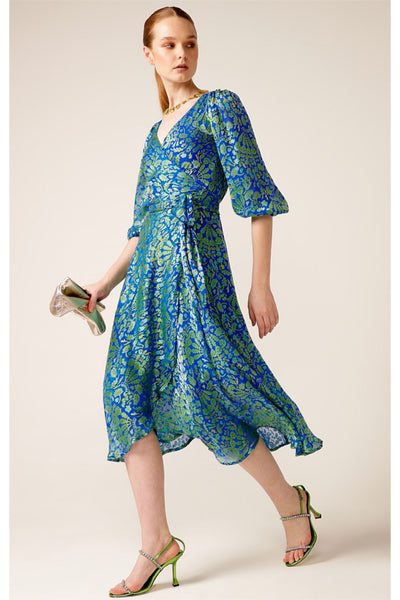 Moonlit Mystery Midi Wrap Dress - Sapphire Chartreuse