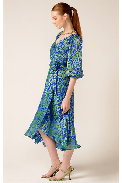 Moonlit Mystery Midi Wrap Dress - Sapphire Chartreuse