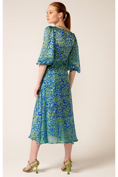 Moonlit Mystery Midi Wrap Dress - Sapphire Chartreuse