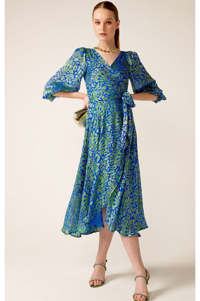 Moonlit Mystery Midi Wrap Dress - Sapphire Chartreuse