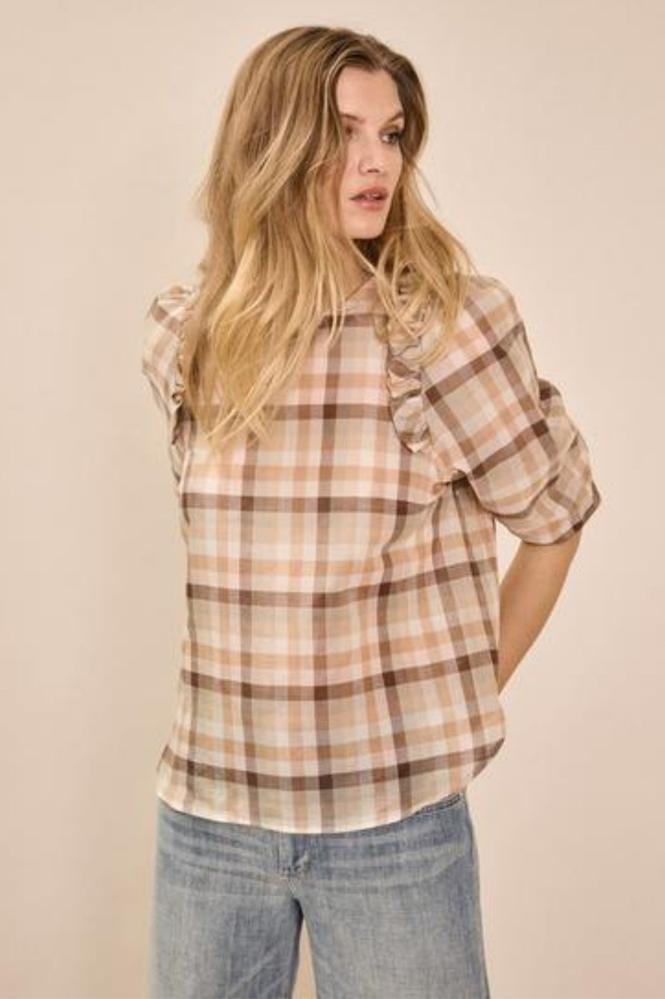 Gurit Check Blouse - Toasted Coconut
