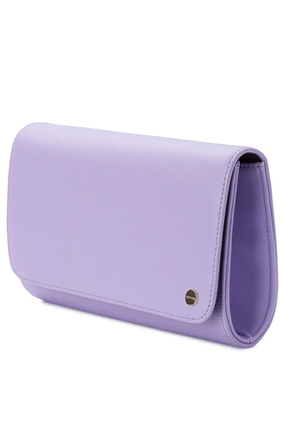 Buy Olga Berg Anabelle Saffiano Vegan Leather Clutch in Lilac Lavender Purple. Colourful Clutch for formal or race day.