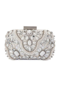 Olga Berg Clarise Jewelled Clutch White. Statement Crystal Beaded Embellished Clutch Bridal and Formal.