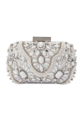 Olga Berg Clarise Jewelled Clutch White. Statement Crystal Beaded Embellished Clutch Bridal and Formal.