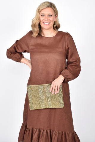 Panelled Beaded Front Zip Top Clutch - Gold
