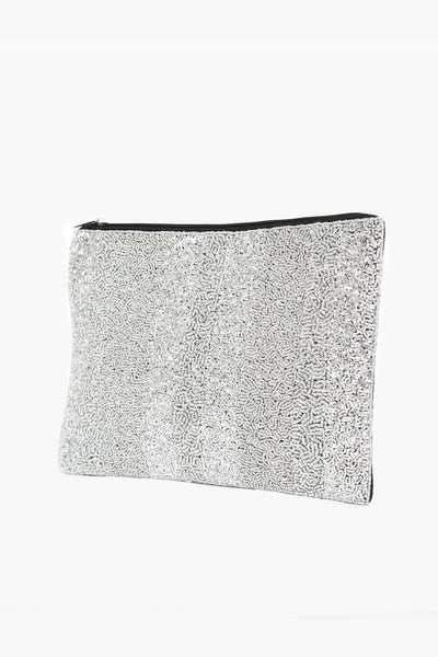 Panelled Beaded Front Zip Top Clutch - Silver