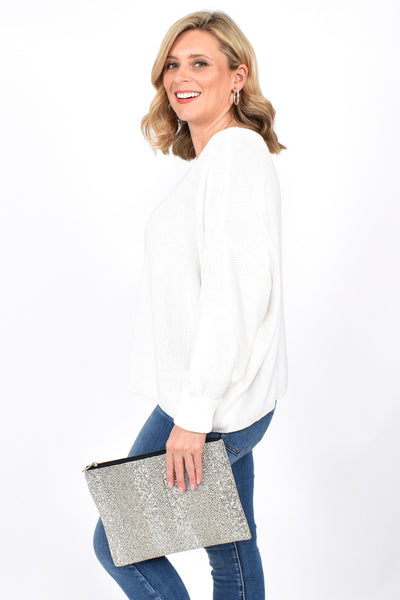 Panelled Beaded Front Zip Top Clutch - Silver