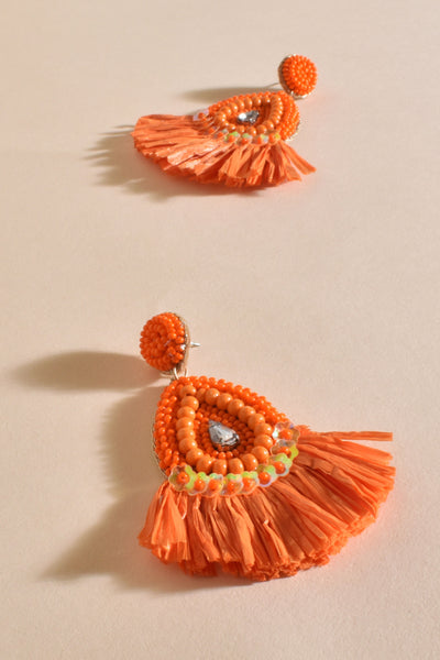 Paper Raffia Fringe Event Earrings - Orange