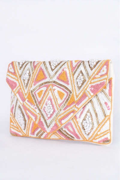 Patterned Beaded Flap Over Clutch - Peach
