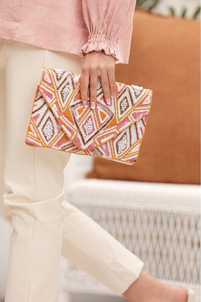 Patterned Beaded Flap Over Clutch - Peach