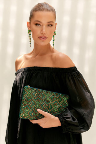 Patterned Beaded Zip Top Clutch - Sage Gold
