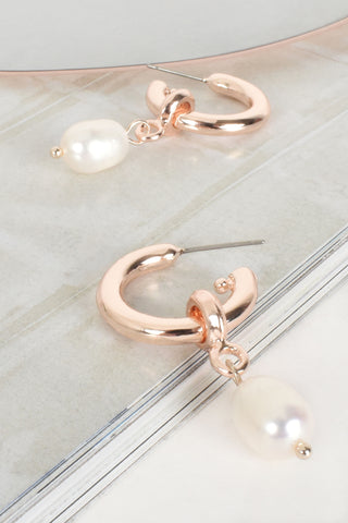 Pearl Drop Mini Hoop Earrings - Rose Gold
