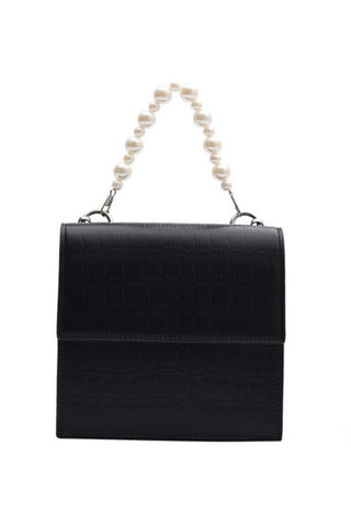 Pearl Handle Croc Effect Box Bag - Black