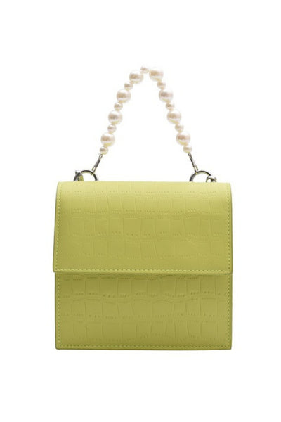 Pearl Handle Croc Effect Box Bag - Lime Green