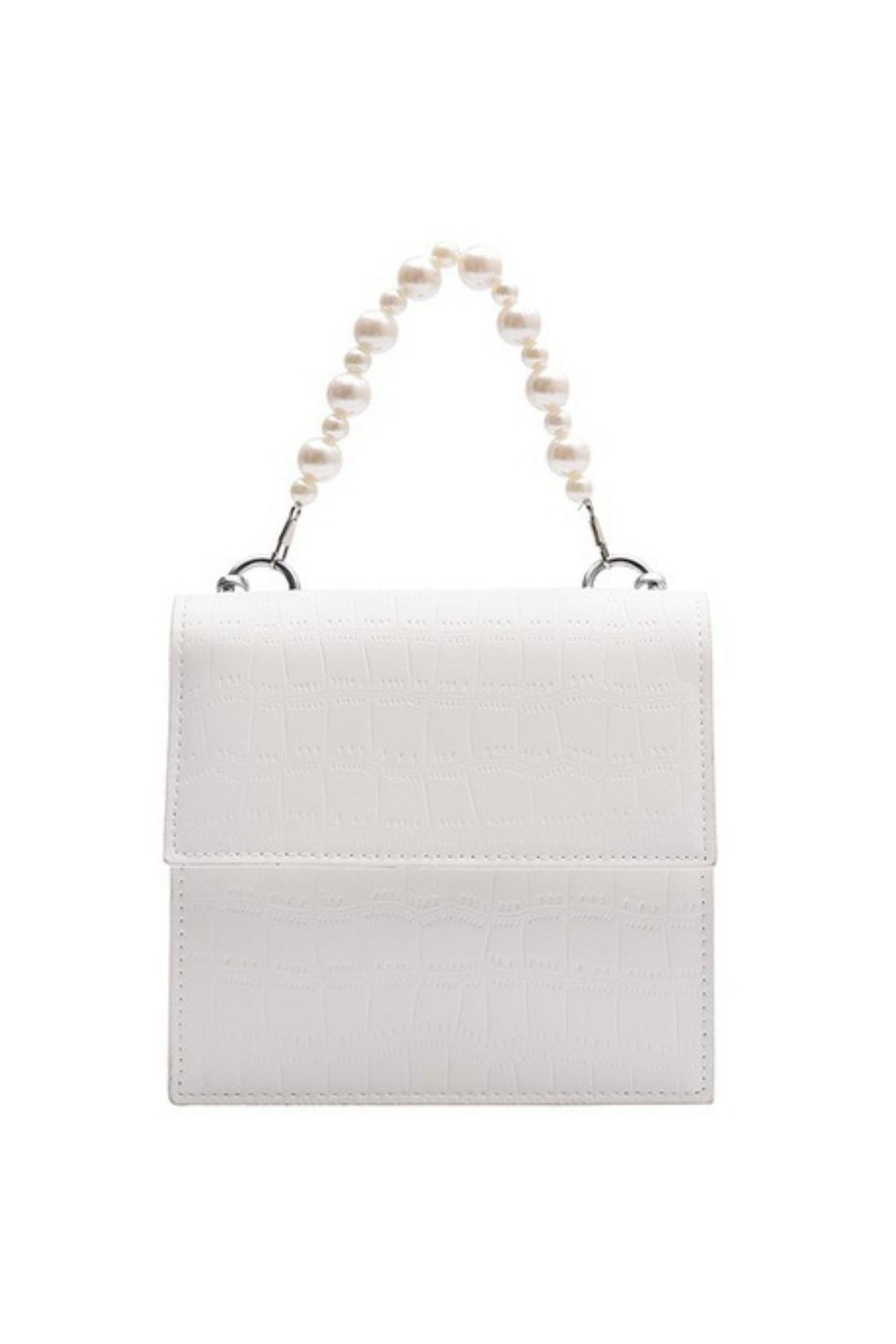 Pearl Handle Croc Effect Box Bag - White