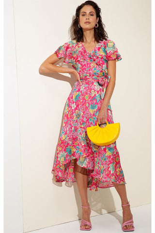 Pomegranate Breeze Midi Wrap Dress - Hot Pink Floral