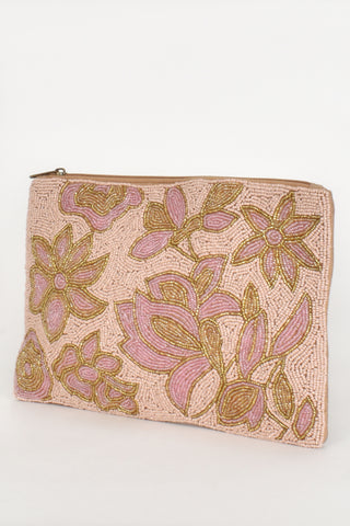 Pretty Floral Beaded Zip Top Clutch - Nude
