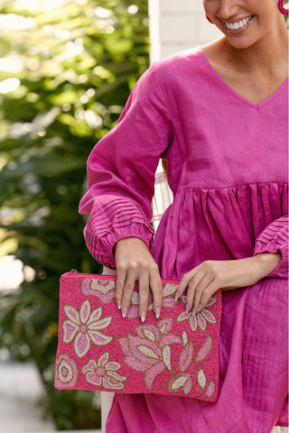 Pretty Floral Beaded Zip Top Clutch - Raspberry