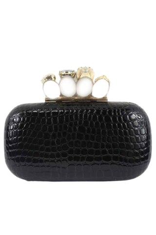 Queenie Ring Clasp Croc Clutch - Black