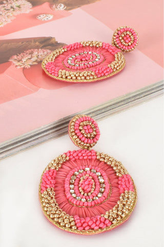 Raffia Bead Mix Button Top Earrings - Raspberry Gold