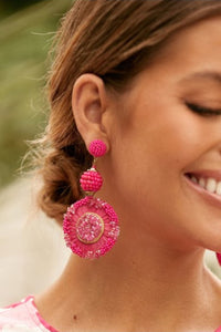 Raffia Bead Mix Drop Earrings - Fuchsia Pink