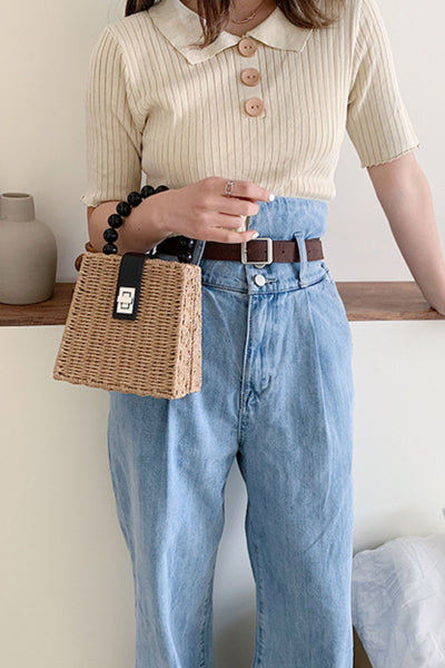 Rattan Beaded Handle Box Bag - Black Tan