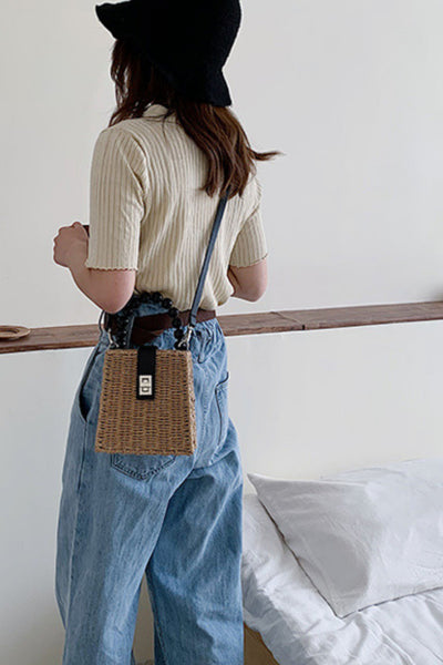 Rattan Beaded Handle Box Bag - Black Tan