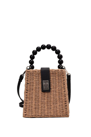 Rattan Beaded Handle Box Bag - Black Tan