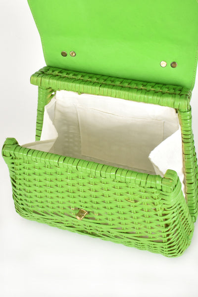 Rattan and Leather Statement Bag - Green