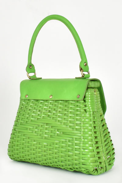Rattan and Leather Statement Bag - Green